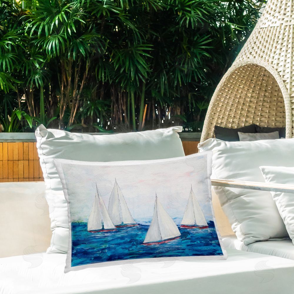 Courtney Prahl Sailboat Fleet on Ocean Outdoor Quick-Dry Polyester Printed Throw Pillow in Back Yard