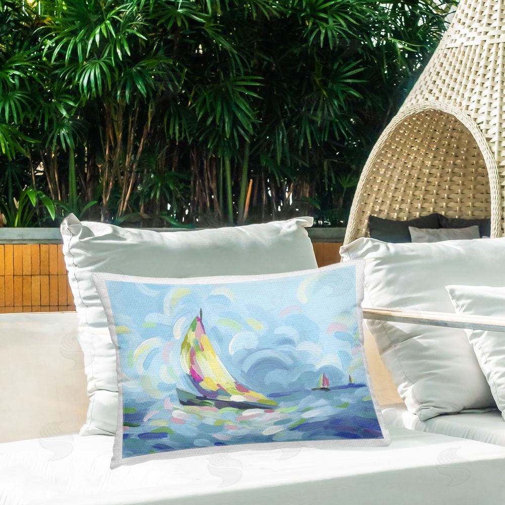 June Erica Vess Paint Swirled Sailboats Outdoor Quick-Dry Polyester Printed Throw Pillow in Back Yard