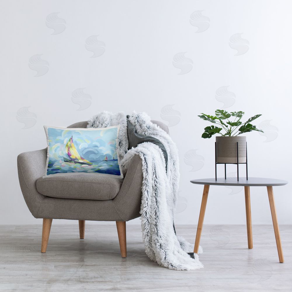 June Erica Vess Paint Swirled Sailboats Printed Plush Polyester Throw Pillow On Chair