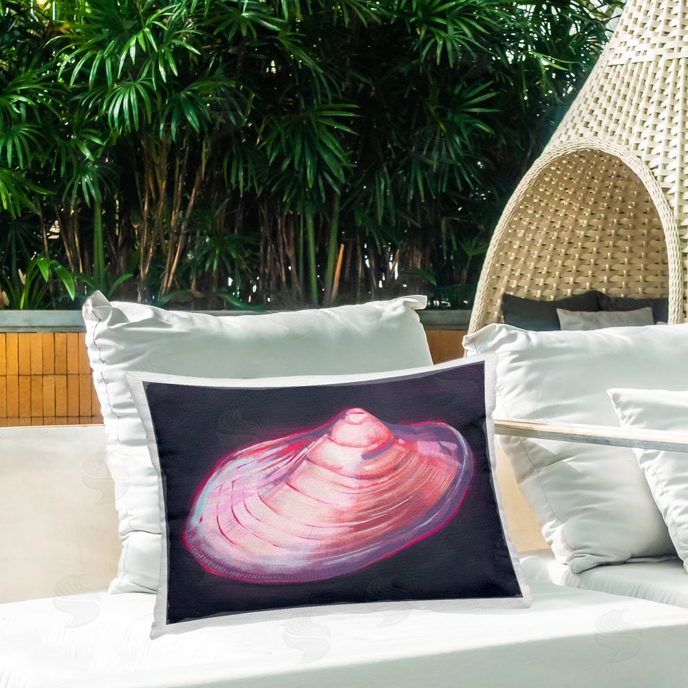 Grace Popp Pink Seashell on Black Outdoor Quick-Dry Polyester Printed Throw Pillow in Back Yard