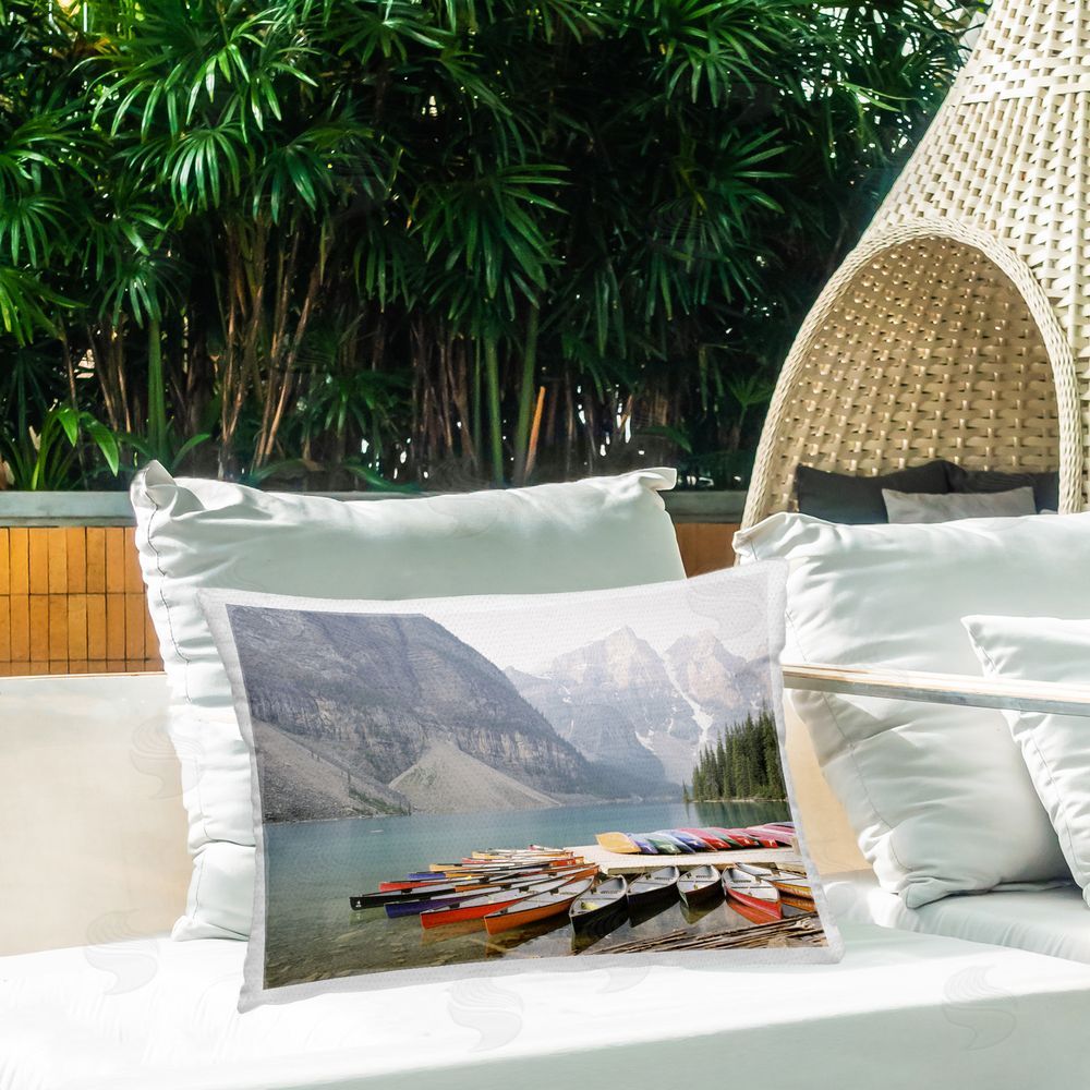 Justine Milton Cliffside Canoe Dock Outdoor Quick-Dry Polyester Printed Throw Pillow in Back Yard