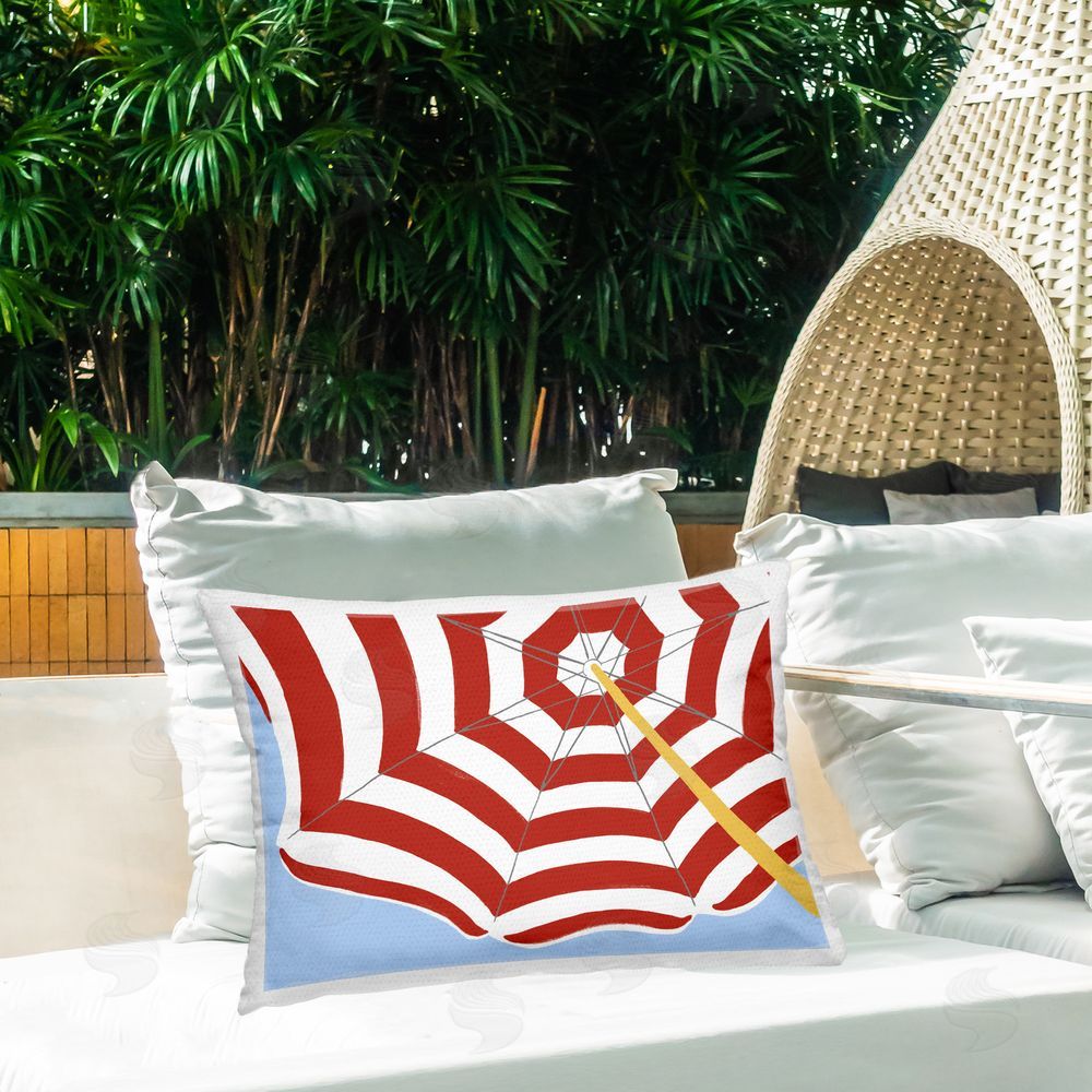 June Erica Vess Red & White Umbrella Outdoor Quick-Dry Polyester Printed Throw Pillow in Back Yard
