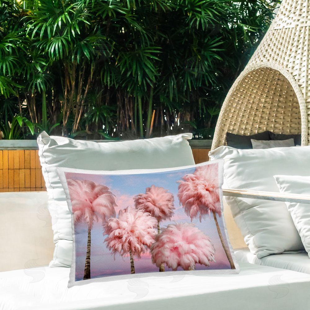 Ziwei Li Fluffy Pink Palm Trees Outdoor Quick-Dry Polyester Printed Throw Pillow in Back Yard