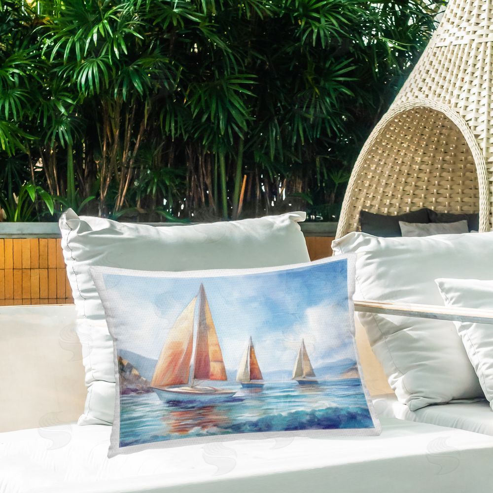 Kim Allen Three Boats Drifting Outdoor Quick-Dry Polyester Printed Throw Pillow in Back Yard