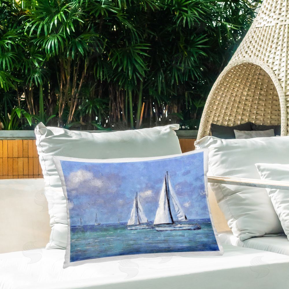 Nina Blue Sailing Day Sailboats Outdoor Quick-Dry Polyester Printed Throw Pillow in Back Yard