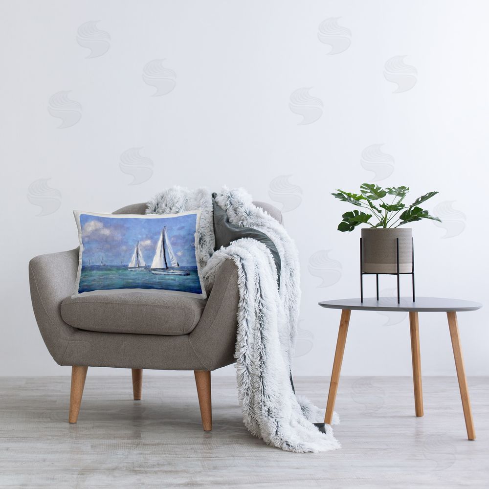Nina Blue Sailing Day Sailboats Printed Plush Polyester Throw Pillow On Chair