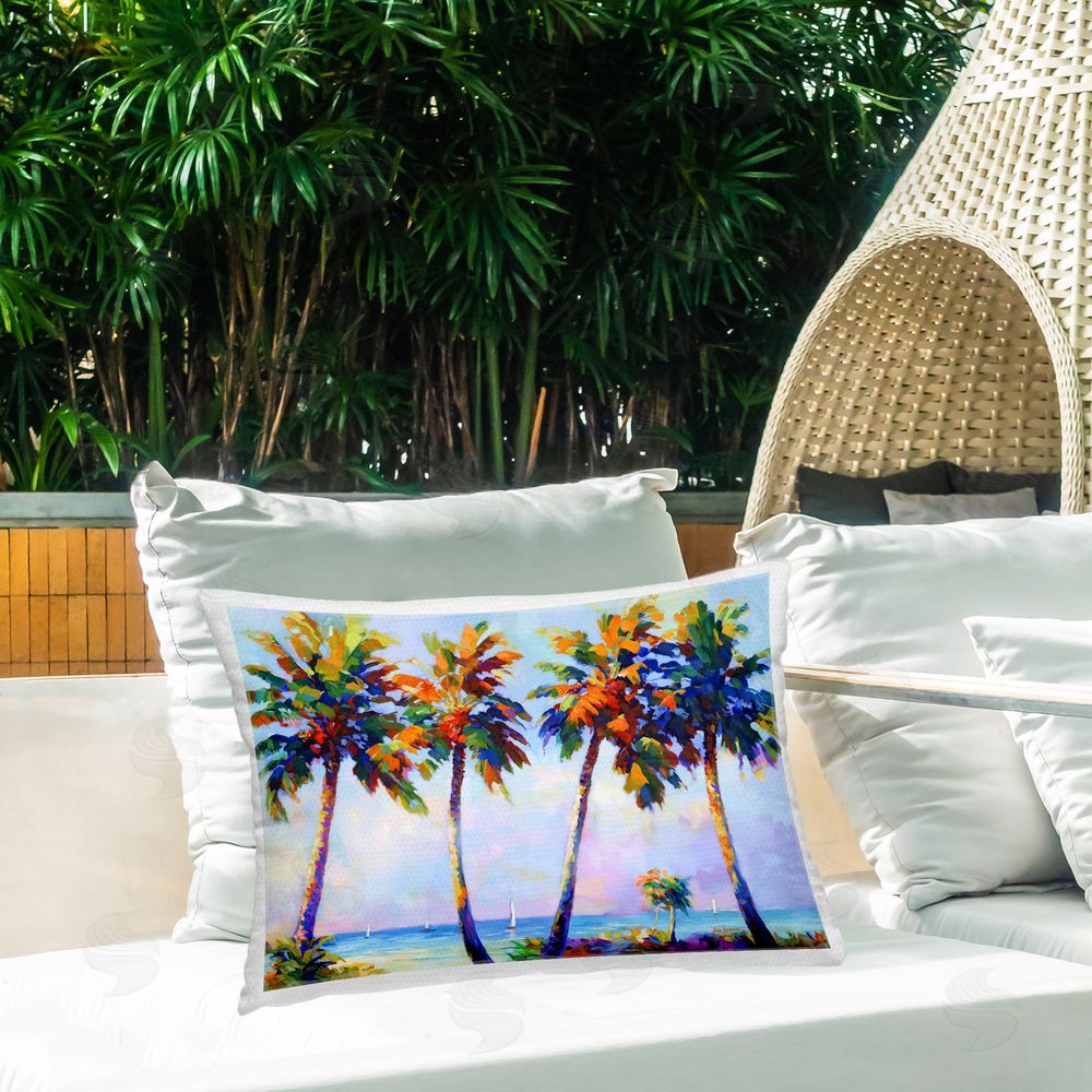 Leon Devenice Palm Trees in Sun Warmth Outdoor Quick-Dry Polyester Printed Throw Pillow in Back Yard