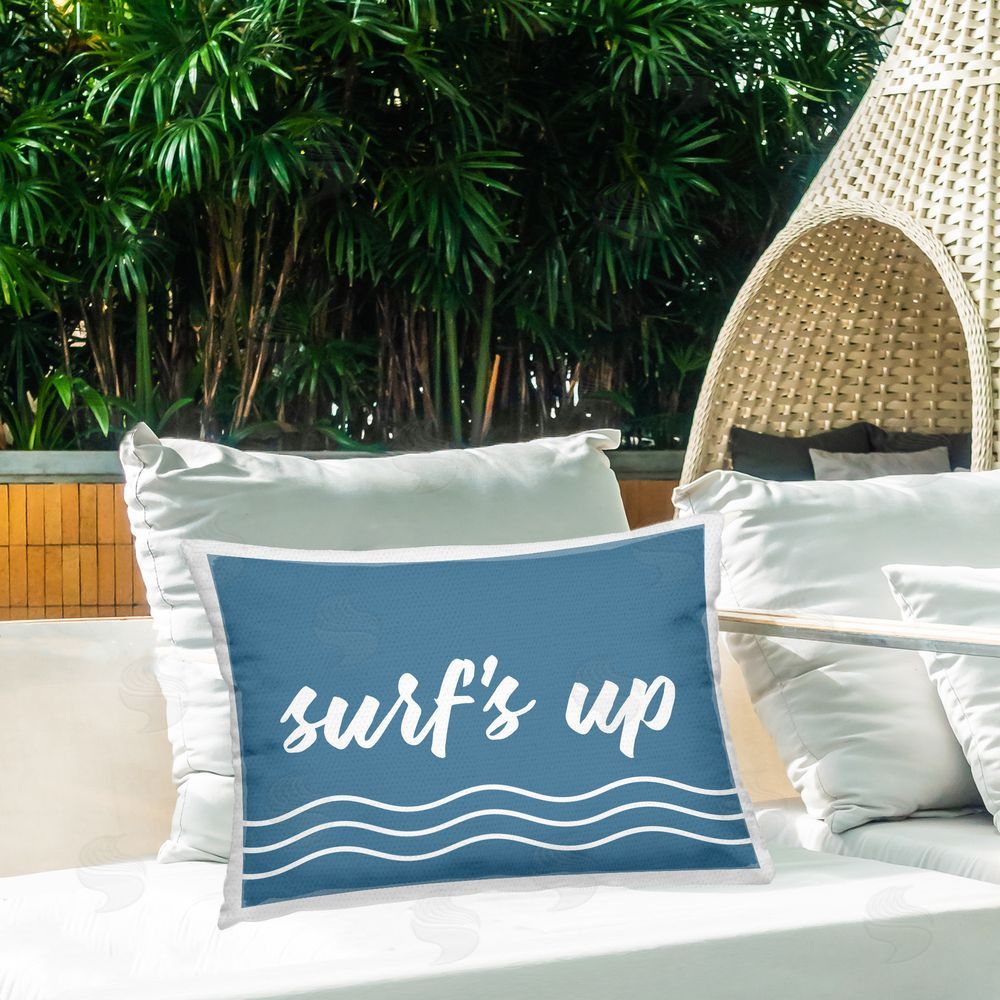 Lettered and Lined Blue Surf's Up Outdoor Quick-Dry Polyester Printed Throw Pillow in Back Yard