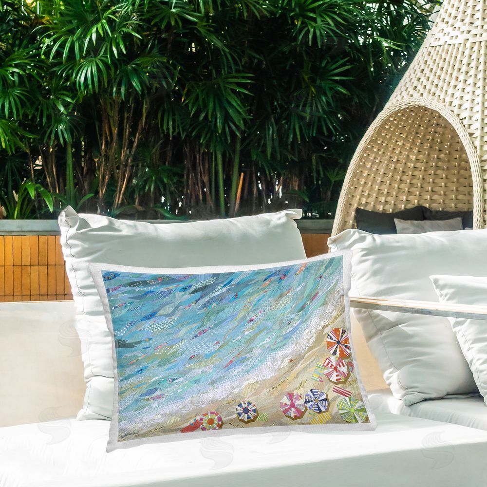 Jennifer Peck Collaged Aerial Beach View Outdoor Quick-Dry Polyester Printed Throw Pillow in Back Yard