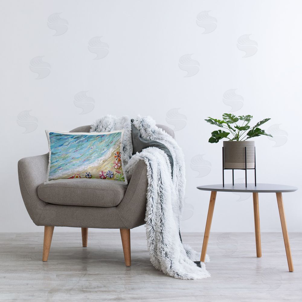 Jennifer Peck Collaged Aerial Beach View Printed Plush Polyester Throw Pillow On Chair
