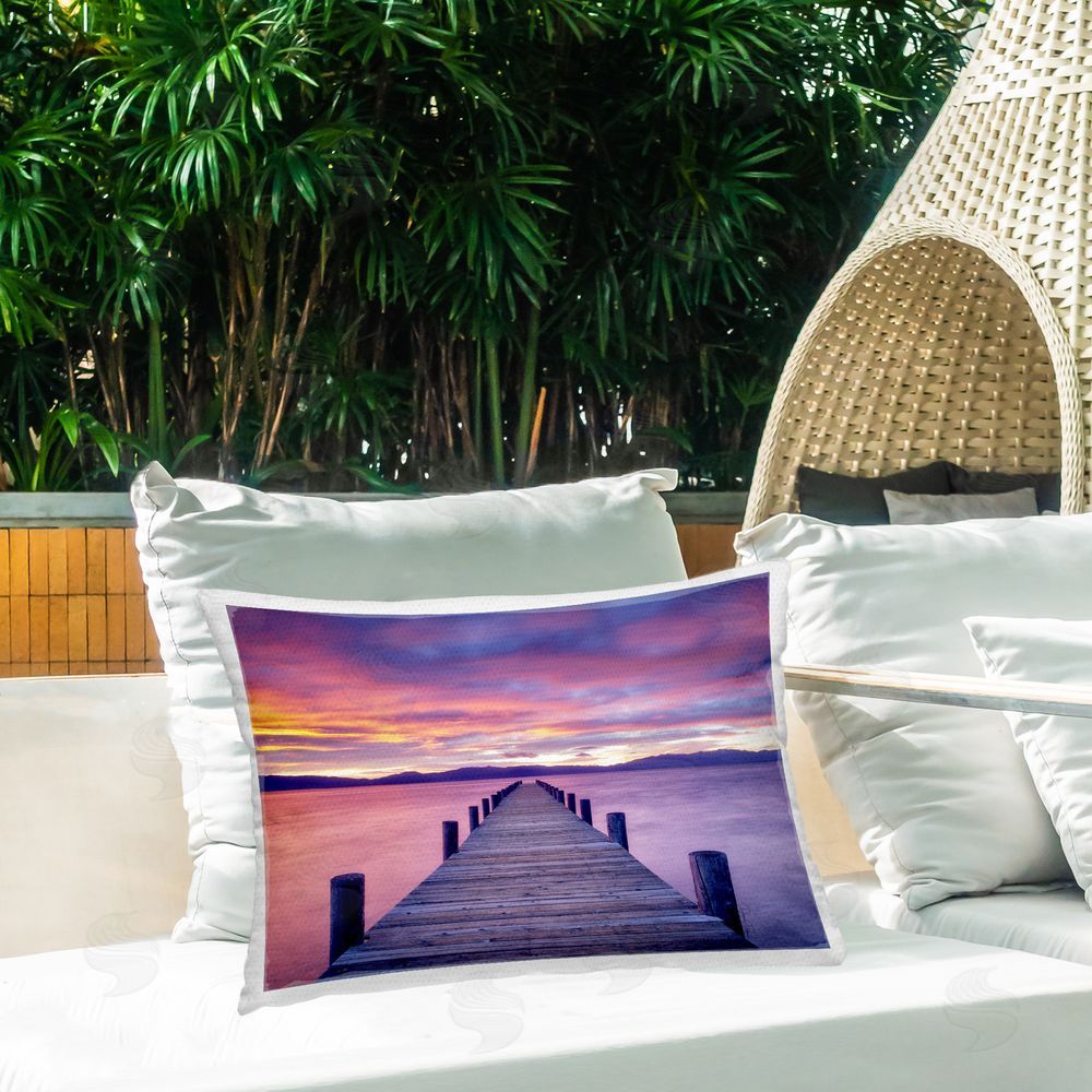 Dennis Frates Purple Sunset Dock Outdoor Quick-Dry Polyester Printed Throw Pillow in Back Yard