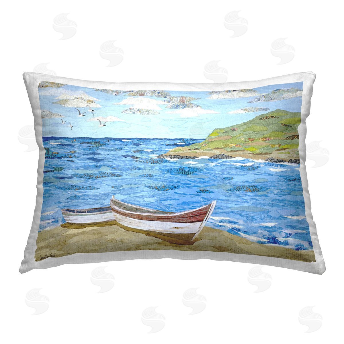 Jennifer Peck Mykonos Docked Boat Printed Plush Polyester Throw Pillow