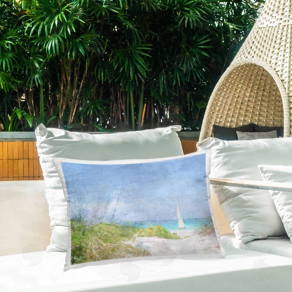 Noah Bay Solitary Yacht Seascape Outdoor Quick-Dry Polyester Printed Throw Pillow in Back Yard