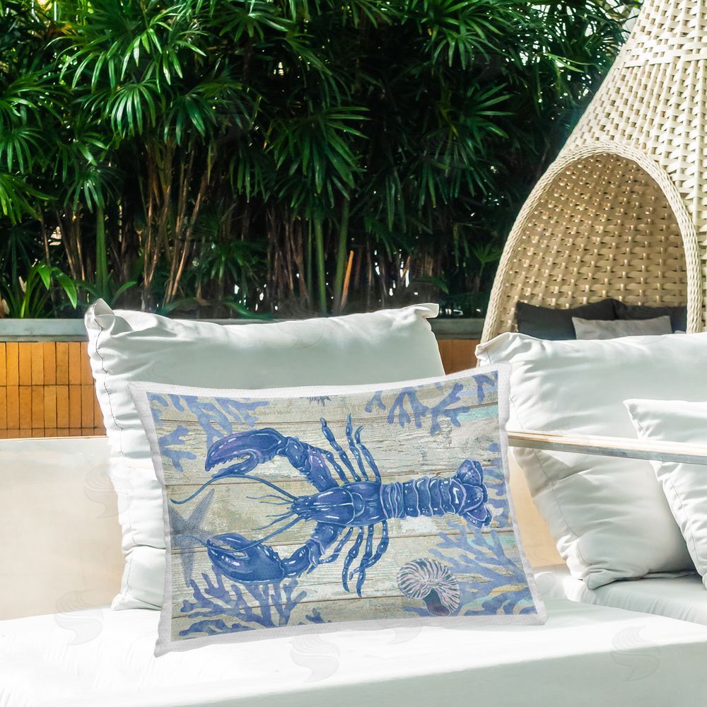 Andrea Tachiera Indigo Cove Lobster Outdoor Quick-Dry Polyester Printed Throw Pillow in Back Yard