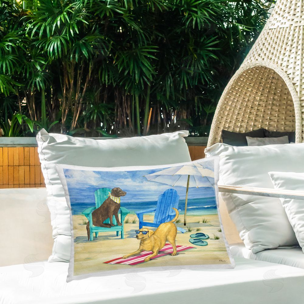 Paul Brent Dogs on Beach Towel Outdoor Quick-Dry Polyester Printed Throw Pillow in Back Yard