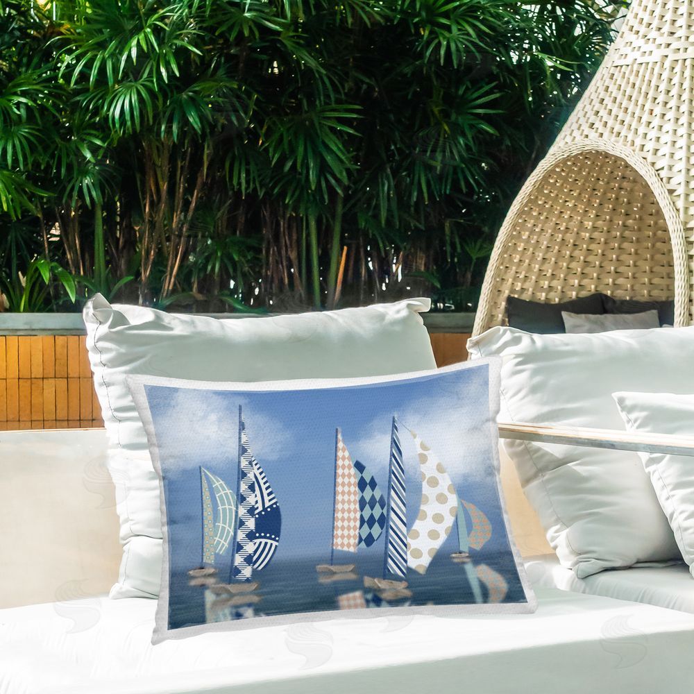 Matthew Piotrowicz Patchwork Coastal Sailboats Outdoor Quick-Dry Polyester Printed Throw Pillow in Back Yard