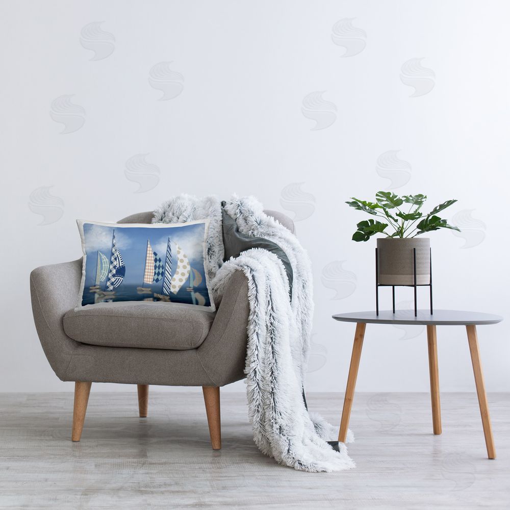 Matthew Piotrowicz Patchwork Coastal Sailboats Printed Plush Polyester Throw Pillow On Chair