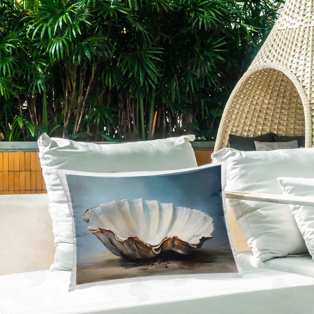 Petal Prints Design Neutral Beach Seashell Outdoor Quick-Dry Polyester Printed Throw Pillow in Back Yard