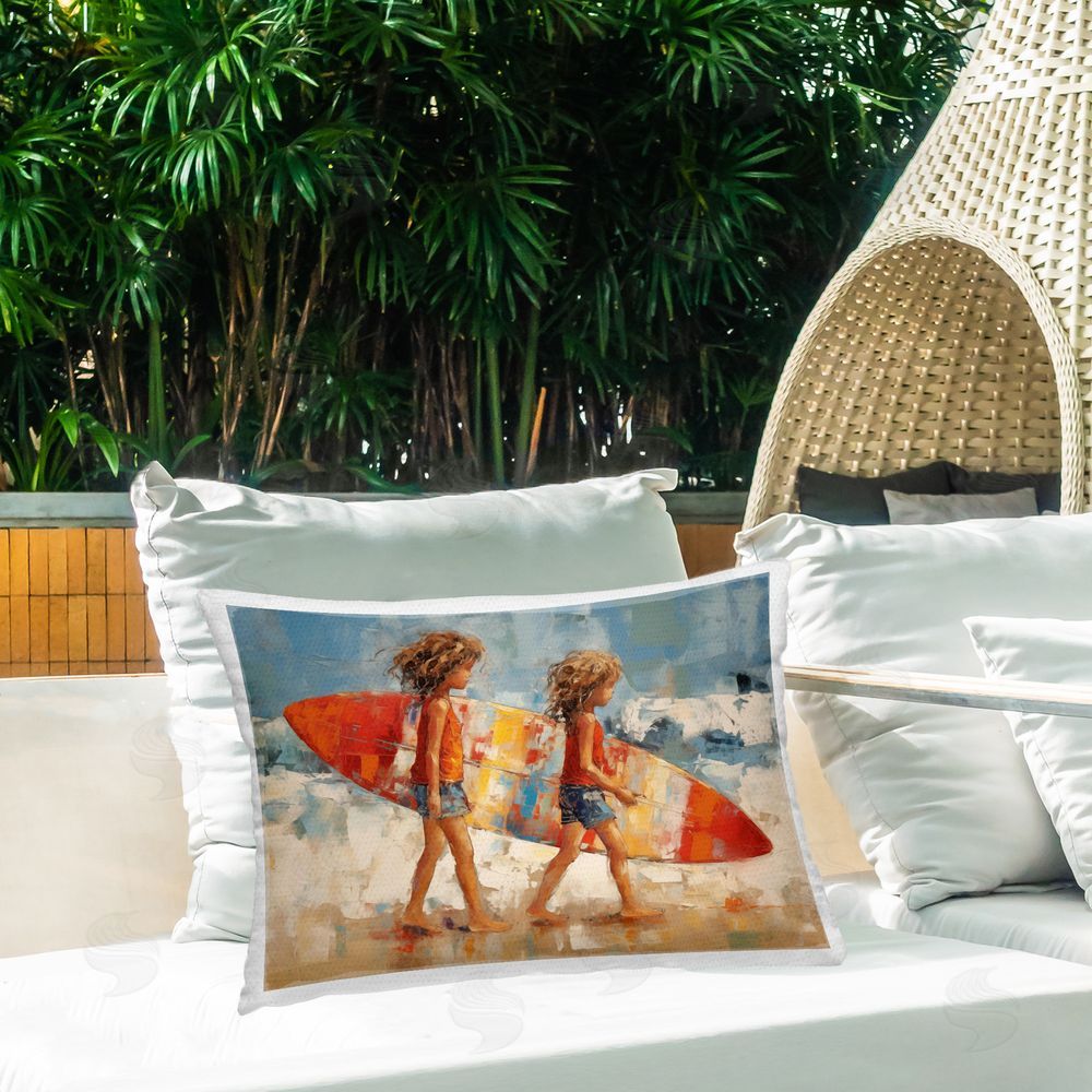 Petal Prints Design Kids with Surfboard Outdoor Quick-Dry Polyester Printed Throw Pillow in Back Yard