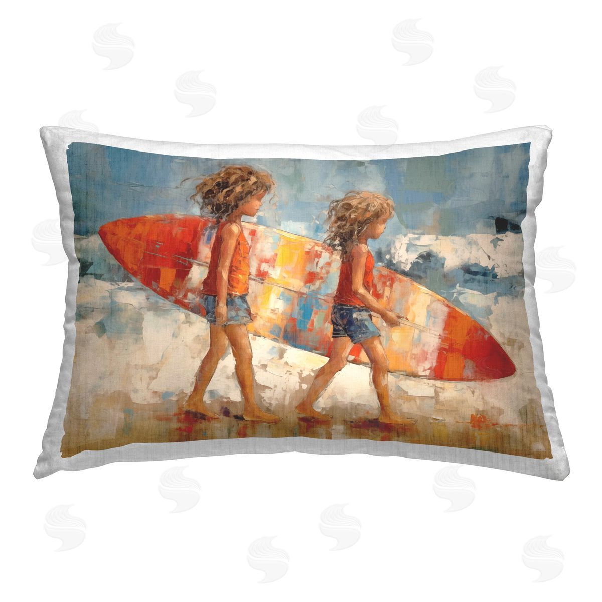 Petal Prints Design Kids with Surfboard Printed Plush Polyester Throw Pillow
