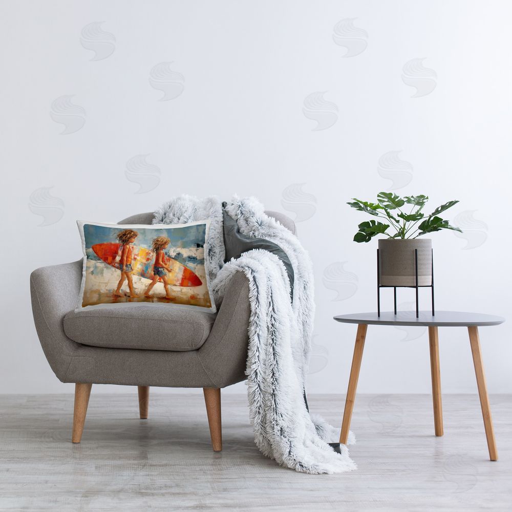 Petal Prints Design Kids with Surfboard Printed Plush Polyester Throw Pillow On Chair