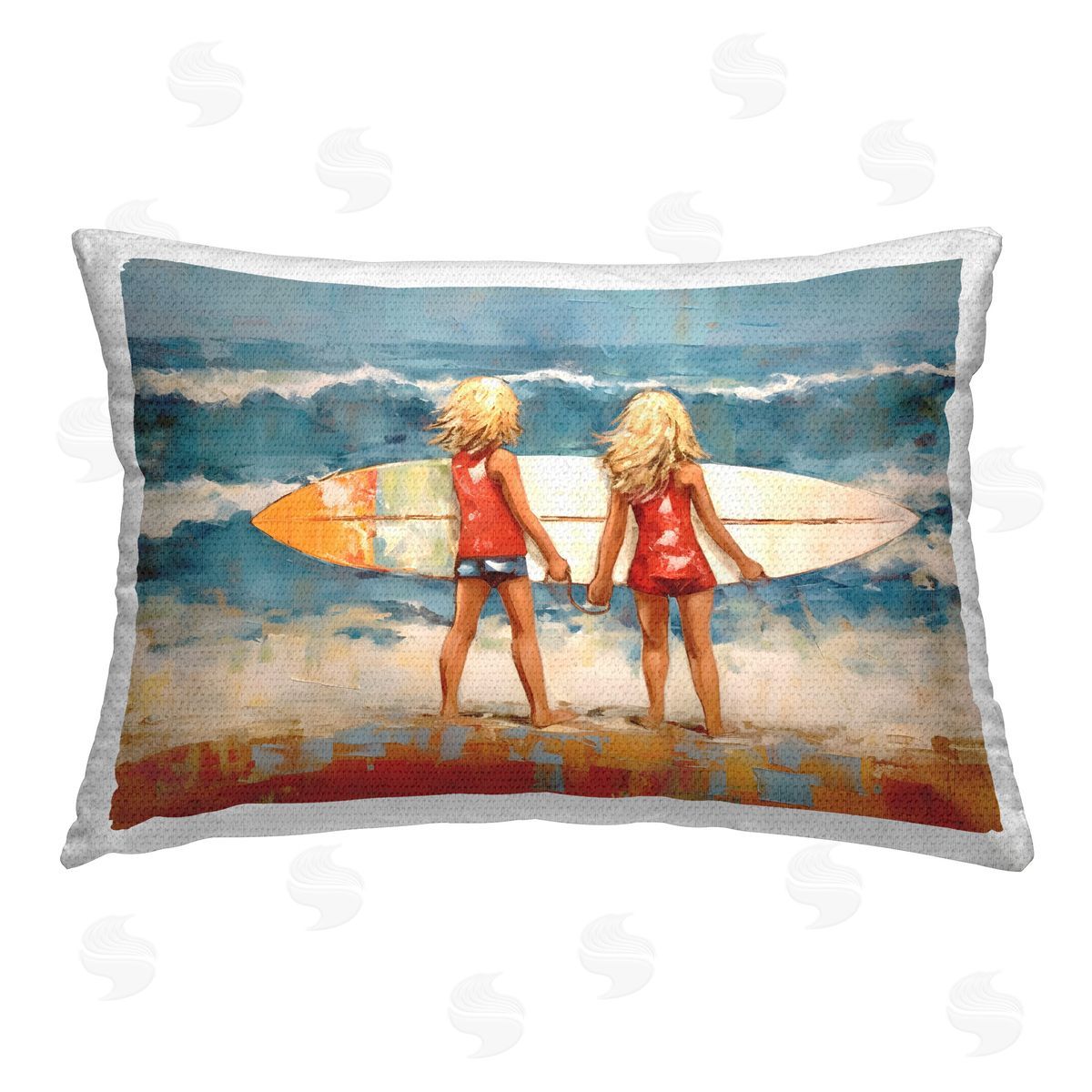 Petal Prints Design Siblings with Surfboard Outdoor Quick-Dry Polyester Printed Throw Pillow