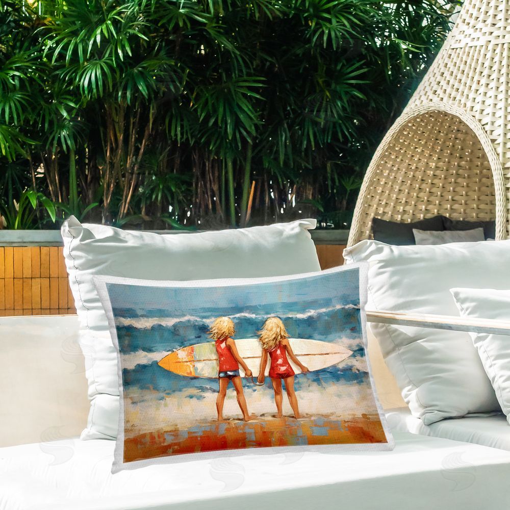 Petal Prints Design Siblings with Surfboard Outdoor Quick-Dry Polyester Printed Throw Pillow in Back Yard