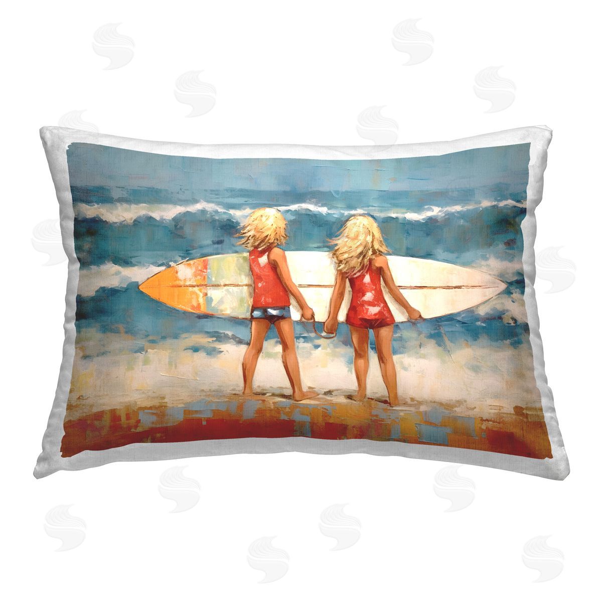 Petal Prints Design Siblings with Surfboard Printed Plush Polyester Throw Pillow