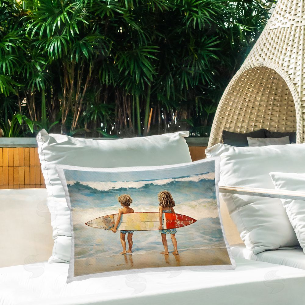 Petal Prints Design Kids with Surf Waves Outdoor Quick-Dry Polyester Printed Throw Pillow in Back Yard