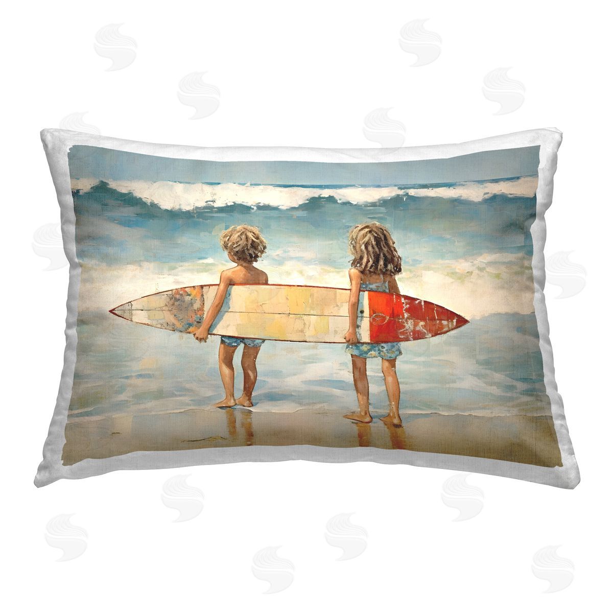 Petal Prints Design Kids with Surf Waves Printed Plush Polyester Throw Pillow