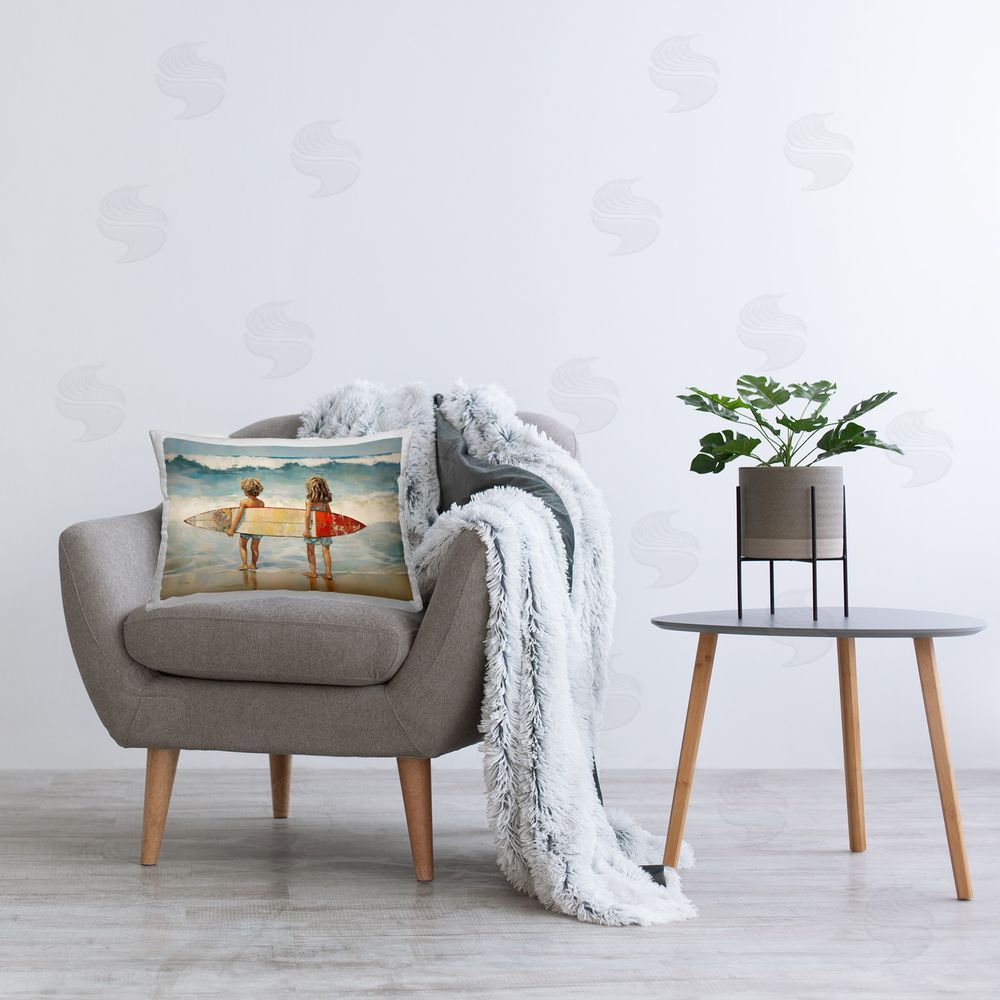 Petal Prints Design Kids with Surf Waves Printed Plush Polyester Throw Pillow On Chair