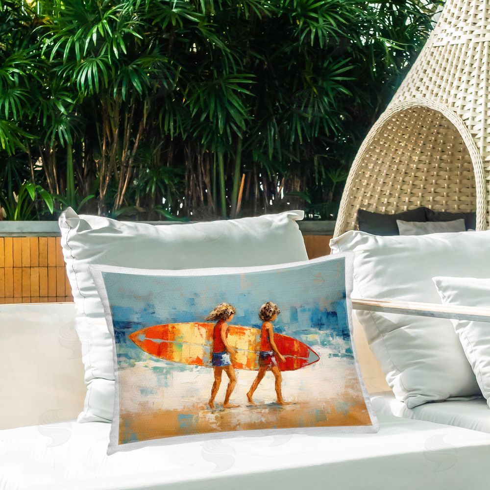 Petal Prints Design Kids Holding Surfboard Outdoor Quick-Dry Polyester Printed Throw Pillow in Back Yard
