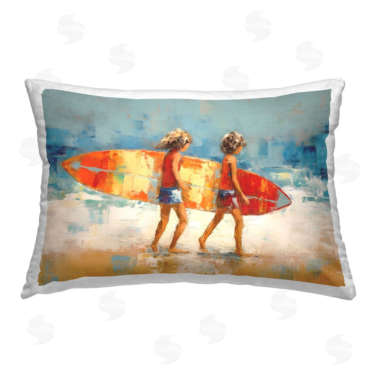 Petal Prints Design Kids Holding Surfboard Printed Plush Polyester Throw Pillow