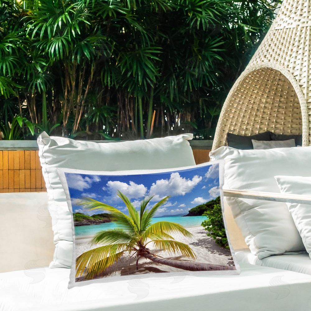 Dennis Frates Palm Tree Across Beach Outdoor Quick-Dry Polyester Printed Throw Pillow in Back Yard