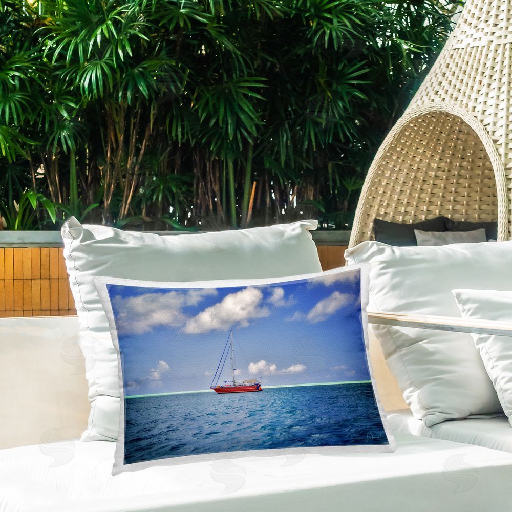 Dennis Frates Ship & Cloudy Sea Outdoor Quick-Dry Polyester Printed Throw Pillow in Back Yard