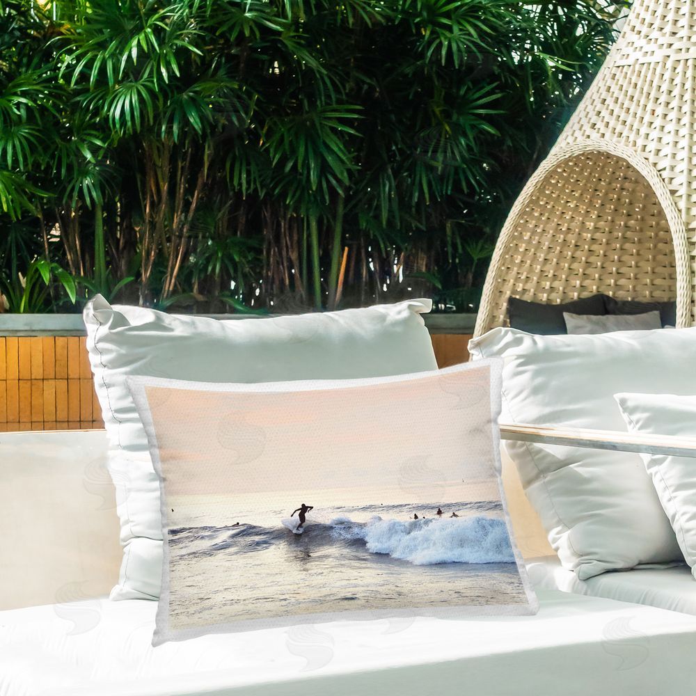 Sisi and Seb Sunset Surfer Landscape Outdoor Quick-Dry Polyester Printed Throw Pillow in Back Yard