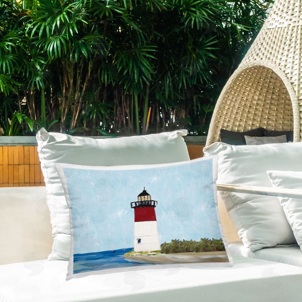 Julie DeRice Coastal Lighthouse on Blue Outdoor Quick-Dry Polyester Printed Throw Pillow in Back Yard