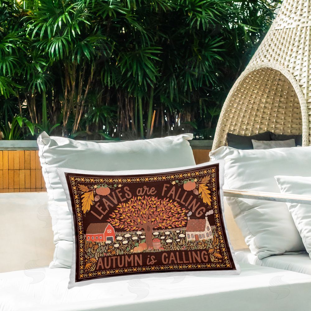 Laura Marshall Leaves Falling on Brown Outdoor Quick-Dry Polyester Printed Throw Pillow in Back Yard