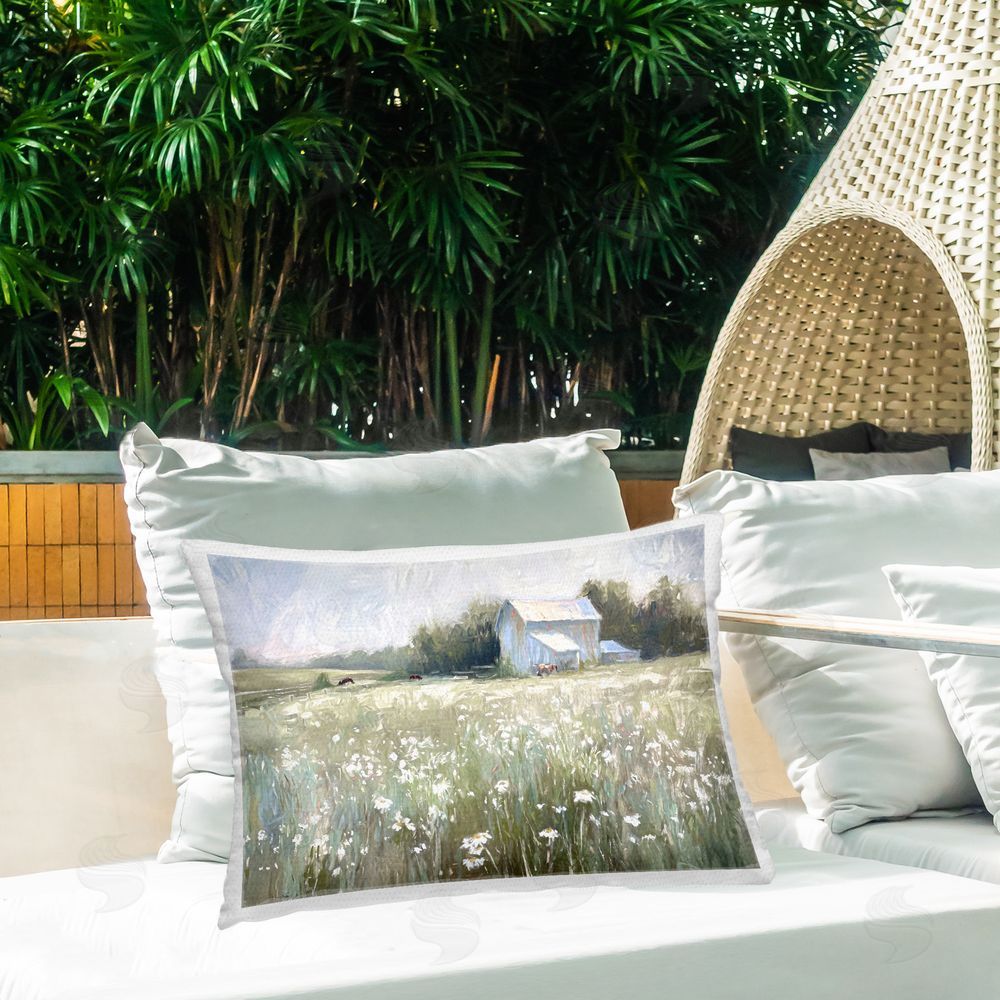 Ramona Murdock Peaceful Pasture Meadow Outdoor Quick-Dry Polyester Printed Throw Pillow in Back Yard