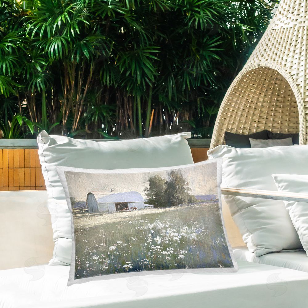 Ramona Murdock Peaceful Farm Pasture Outdoor Quick-Dry Polyester Printed Throw Pillow in Back Yard