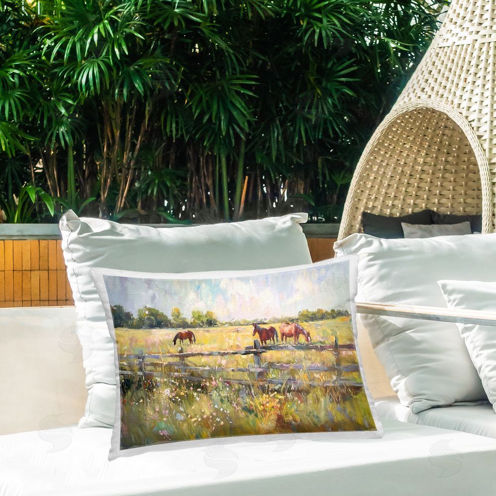 Ramona Murdock Prairie Pasture Horses Outdoor Quick-Dry Polyester Printed Throw Pillow in Back Yard