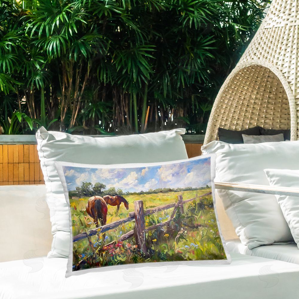 Ramona Murdock Horses Grazing Prairie Outdoor Quick-Dry Polyester Printed Throw Pillow in Back Yard