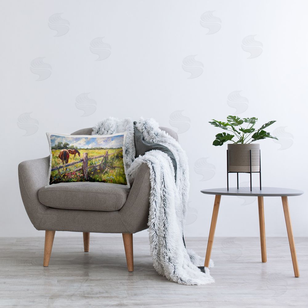 Ramona Murdock Horses Grazing Prairie Printed Plush Polyester Throw Pillow On Chair