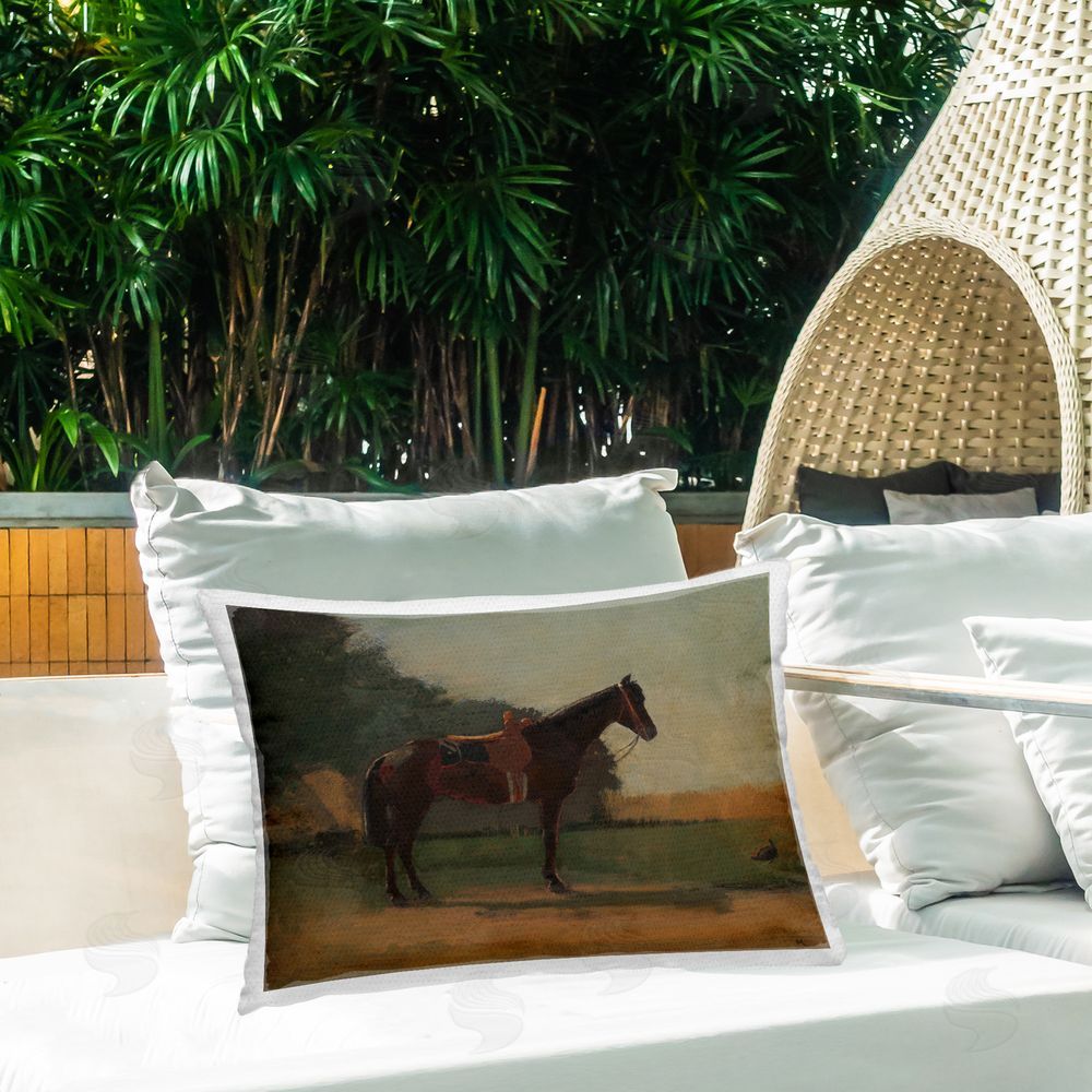 CAD Designs Racing Horse with Saddle Outdoor Quick-Dry Polyester Printed Throw Pillow in Back Yard