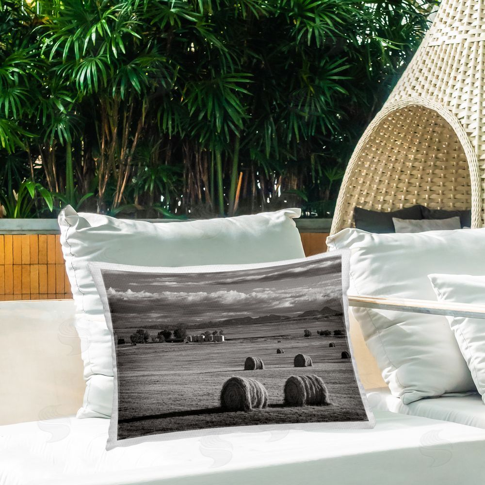 Alan Majchrowicz Montana Hay Bales Outdoor Quick-Dry Polyester Printed Throw Pillow in Back Yard