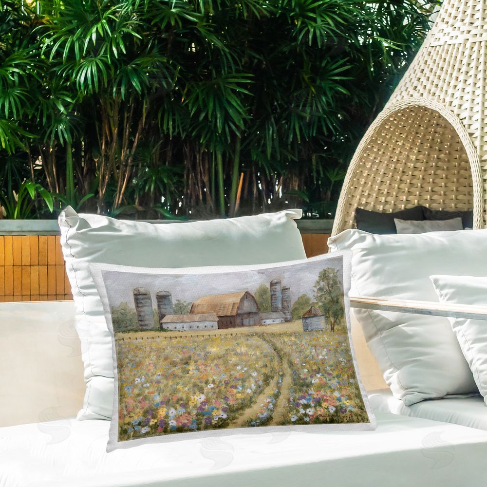 Pam Britton Meadow Path to Barn Outdoor Quick-Dry Polyester Printed Throw Pillow in Back Yard
