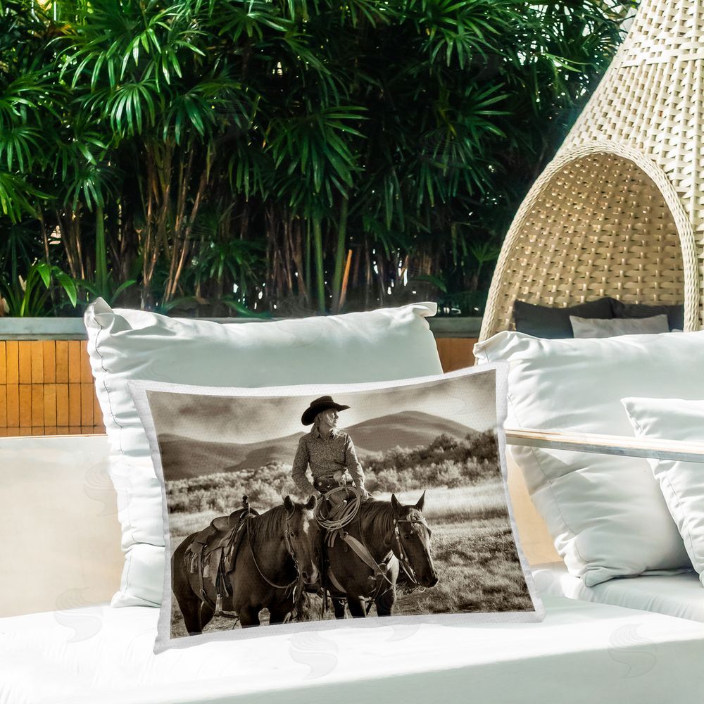 Lisa Dearing Stoic Cowgirl with Lasso Outdoor Quick-Dry Polyester Printed Throw Pillow in Back Yard