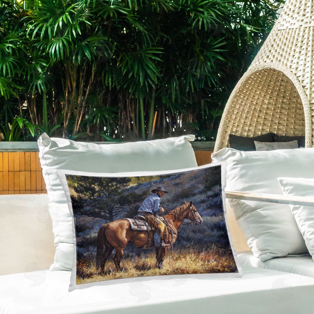 David Graham Early Start Cowboy Outdoor Quick-Dry Polyester Printed Throw Pillow in Back Yard