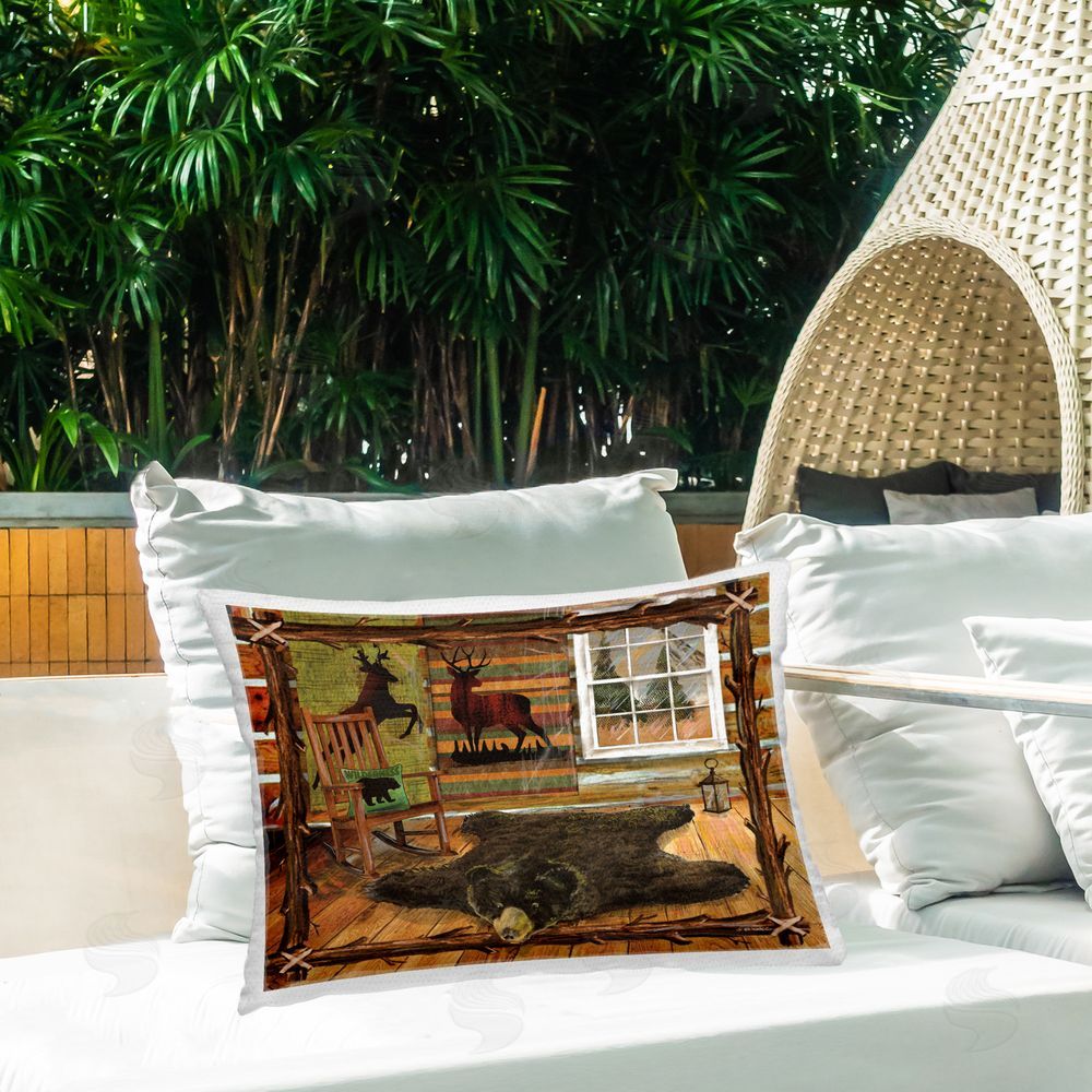 Ed Wargo Rustic Cabin with Border Outdoor Quick-Dry Polyester Printed Throw Pillow in Back Yard