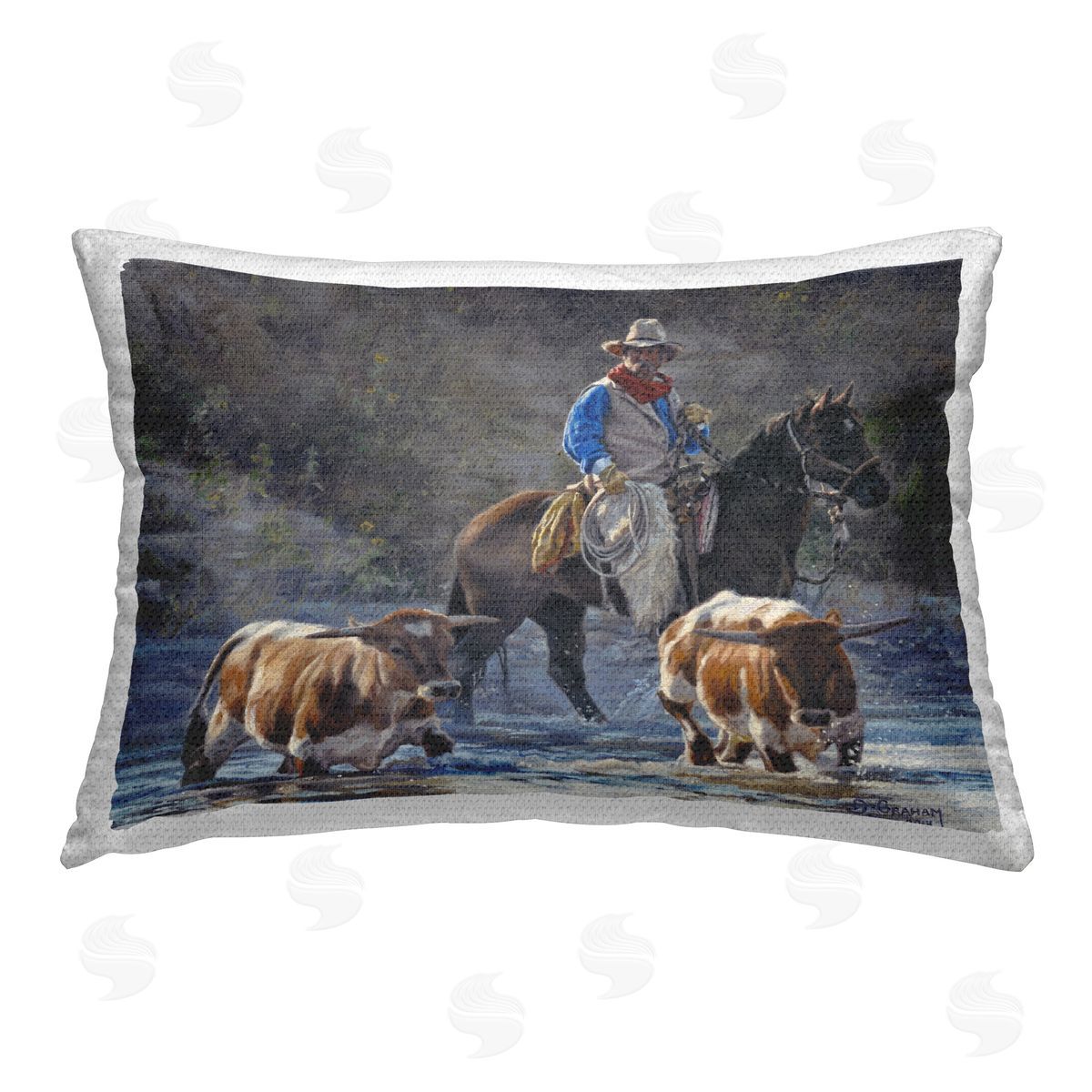 David Graham Cowboy Crossing River Outdoor Quick-Dry Polyester Printed Throw Pillow